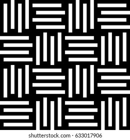 Vector seamless pattern. Modern background, figurative design with striped alternating black white lines. Backdrop, texture with mechanical geometry. Checkered industrial tile, lattice, grille