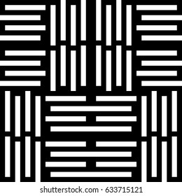 Vector seamless pattern. Modern background, figurative design with striped alternating black white lines. Backdrop, texture with mechanical geometry. Checkered industrial tile, lattice, grille