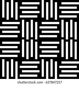 Vector seamless pattern. Modern background, figurative design with striped alternating black white lines. Backdrop, texture with mechanical geometry. Checkered industrial tile, lattice, grille