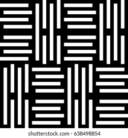 Vector seamless pattern. Modern background, figurative design with striped alternating black white lines. Backdrop, texture with mechanical geometry. Checkered industrial tile, lattice, grille