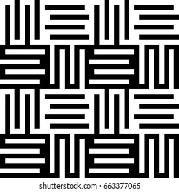 Vector seamless pattern. Modern background, figurative design with striped alternating black white lines. Backdrop, texture with mechanical geometry. Checkered industrial tile, lattice, grille