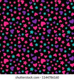 Vector Seamless pattern. Modern Bright design for kids girls. Abstract hearts and star isolated on a black background.