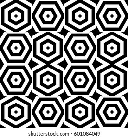 Vector seamless pattern. Modern checkered tile, design template with striped black white hexagons. Background, texture with op art effect. Alternating decoration for card web cover fabric print badge