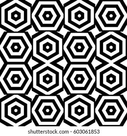 Vector seamless pattern. Modern checkered tile, design template with striped black white hexagons. Background, texture with op art effect. Alternating decoration for card web cover fabric print badge
