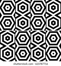 Vector seamless pattern. Modern checkered tile, design template with striped black white hexagons. Background, texture with op art effect. Alternating decoration for card web cover fabric print badge