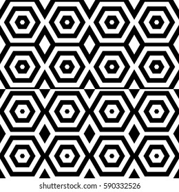 Vector seamless pattern. Modern contemporary tile, figurative design template with striped black white hexagons. Background, texture with op art effect. Parallel lines of ornament card cover, web, app