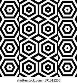 Vector seamless pattern. Modern contemporary tile, figurative design template with striped black white hexagons. Background, texture with op art effect. Parallel lines of ornament card cover, web, app