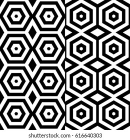 Vector seamless pattern. Modern contemporary tile, figurative design template with striped black white hexagons. Background, texture with op art effect. Parallel lines of ornament card cover, web, app