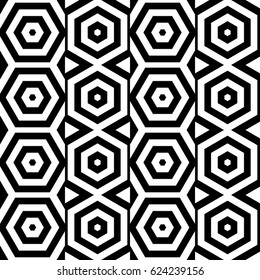 Vector seamless pattern. Modern contemporary tile, figurative design template with striped black white hexagons. Background, texture with op art effect. Parallel lines of ornament card cover, web, app