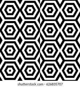 Vector seamless pattern. Modern contemporary tile, figurative design template with striped black white hexagons. Background, texture with op art effect. Parallel lines of ornament card cover, web, app