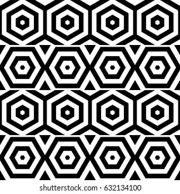 Vector seamless pattern. Modern contemporary tile, figurative design template with striped black white hexagons. Background, texture with op art effect. Parallel lines of ornament card cover, web, app