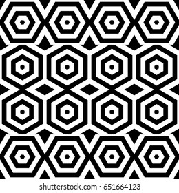 Vector seamless pattern. Modern contemporary tile, figurative design template with striped black white hexagons. Background, texture with op art effect. Parallel lines of ornament card cover, web, app