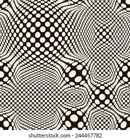 Vector seamless pattern. Modern distorted texture. Stylish abstract background. Dotted grid with visual effect of swollen. Monochrome illustration with optic illusion