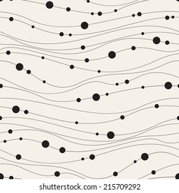 Vector seamless pattern. Modern floral texture. Repeating abstract background with circles. Graphic linear waves