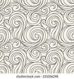 Vector seamless pattern. Modern floral texture. Endless abstract background. Monochrome fancy ornate with scrolls and stylized leaves