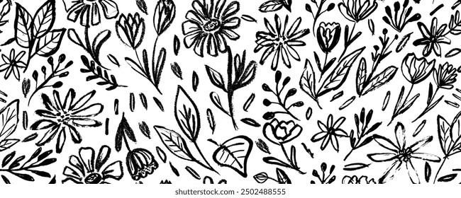 Vector sin patrón con flores y hojas modernas, dibujo de carbón.  Clipart botánicos artísticos monocromáticos. Siluetas de flores pintadas a mano