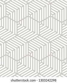 Vector seamless pattern. Modern geometric texture. Repeating abstract background. Polygonal linear grid. Hexagonal striped elements. Can be used as swatch for illustrator. Subtle gray neutral print.