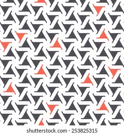 Vector seamless pattern. Modern geometric texture. Repeating abstract background with twisted triangular elements. Randomly disposed red accents