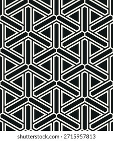 Padrão sem emenda do vetor. Impressão geométrica moderna. Plano de fundo abstrato repetitivo. Triângulos triplos listrados. Elementos geométricos listrados