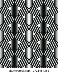 Padrão sem emenda do vetor. Impressão geométrica moderna. Plano de fundo abstrato repetitivo. Três elementos listrados. Elementos geométricos listrados