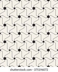 Vector seamless pattern. Modern geometric texture. Repeating abstract background with twisted triangular elements. Filled black circles in nodes. Simple monochrome grid