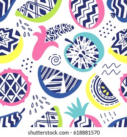 Vector seamless pattern of modern geometric fruits. Exotic summer background. Original hand drawn illustration. Healthy vegetarian food. Lifestyle. Trendy 80-90s fashion style.