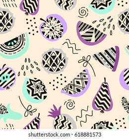 Vector seamless pattern of modern geometric fruits. Exotic summer background. Original hand drawn illustration. Healthy vegetarian food. Lifestyle. Trendy 80-90s fashion style.
