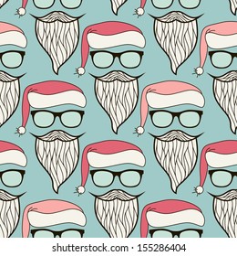 Vector seamless pattern. Modern hipster print with Santa Claus. Stylish sunglasses, Santa's hat, mustache and beard