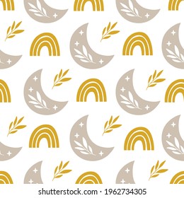 Vector seamless pattern with modern rainbow, floral moon, stars. Trendy rainbows on yellow background. Boho Illustration. Print for card, textile, kids and baby clothes, paper wrapping, wallpaper.
