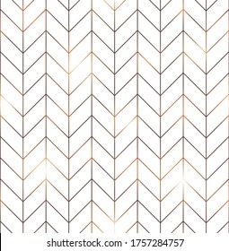 Vector seamless pattern with modern rectangular herringbone tiles. Geometric diagonal texture in white color with golden lines. Vector illustration