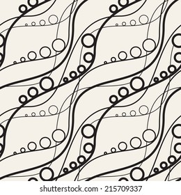 Vector seamless pattern. Modern repeating texture. Abstract background with circles. Wavy stripes with beaded elements. Diagonal direction