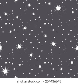 Vector seamless pattern. Modern repeating texture. Fancy starry print. Randomly disposed bright stars on a dark background. Monochrome graphic design