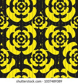 Vector seamless pattern. Modern stylish texture. Repeating geometric tiles with flowers.Black and yellow