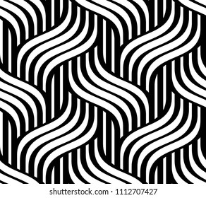 Vector seamless pattern. Modern stylish texture. Repeating monochrome pattern. Wavy lines on a background of vertical stripes.