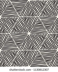 Vector seamless pattern. Modern stylish texture. Repeating geometric tiles with hand drawn striped triangles. Monochrome hipster print. Contemporary graphic design.