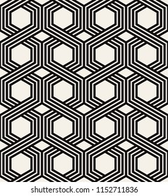 Vector seamless pattern. Modern stylish texture. Repeating geometric tiles with striped hexagons. Hipster monochrome print. Trendy graphic design.