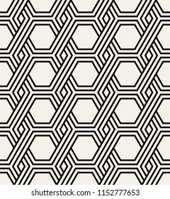 Vector seamless pattern. Modern stylish texture. Repeating geometric tiles with striped hexagons. Hipster monochrome print. Trendy graphic design.