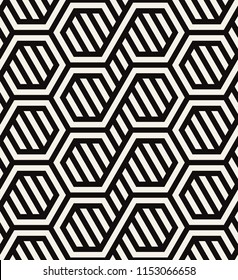 Vector seamless pattern. Modern stylish texture. Repeating geometric tiles with striped hexagons. Bold monochrome print. Trendy graphic design.