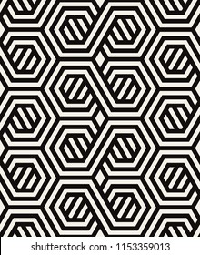 Vector seamless pattern. Modern stylish texture. Repeating geometric tiles with striped hexagons. Bold monochrome print. Trendy graphic design.