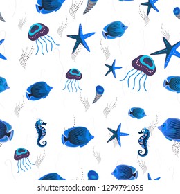 Vector seamless pattern or modern stylish texture. Repeating geometric tiles with fish. Fishes in blue, white and violet colors.