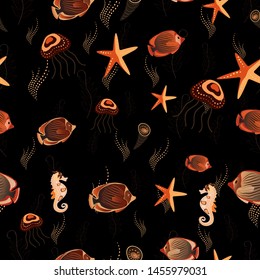 Vector seamless pattern or modern stylish texture. Fishes in orange, black and brown colors. Repeating geometric tiles with fish.