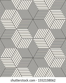 Vector seamless pattern. Modern stylish texture. Repeating geometric tiles. Linear monochrome cubes with volume effect. Hatched rectangular faces.