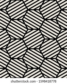 Vector seamless pattern. Modern stylish texture. Repeating geometric tiles. Monochrome grid with striped hexagons. Contemporary graphic design.