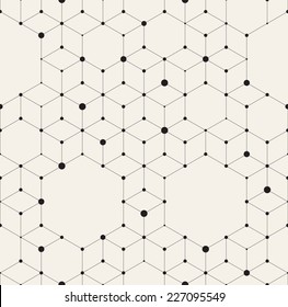 Vector seamless pattern. Modern stylish texture. Repeating geometric background with rhombus and nodes from rhombuses and hexagons with circles variously sized in nodes