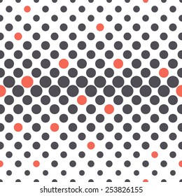 Vector seamless pattern. Modern stylish texture. Repeating geometric tiles from circles. Geometric elements with different size which changes towards the center. Randomly disposed red accents