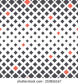 Vector seamless pattern. Modern stylish texture. Repeating geometric tiles from squares. Geometric elements with different size which changes towards the center. Randomly disposed red accents