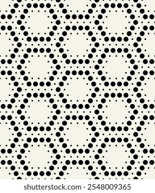 Vector seamless pattern. Modern stylish texture. Repeating geometric tiles with filled dotted hexagons. Regular dotted background. Small circles form hexagonal minimalistic ornament.