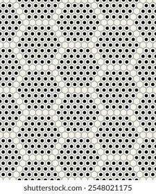 Vector seamless pattern. Modern stylish texture. Repeating geometric tiles with filled dotted hexagons. Regular dotted background. Small circles form hexagonal minimalistic ornament.