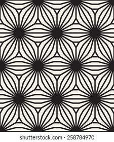 Vector seamless pattern. Modern stylish texture. Repeating geometric tiles. Geometric hexagonal flowers with striped petals. Contemporary graphic design.