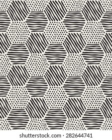 Vector seamless pattern. Modern stylish texture. Repeating geometric background. Striped hand drawn hexagons.